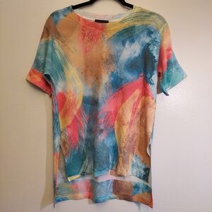 Nally & Millie Bright Abstact Blue And Orange Knit Short Sleeve Top. Size M